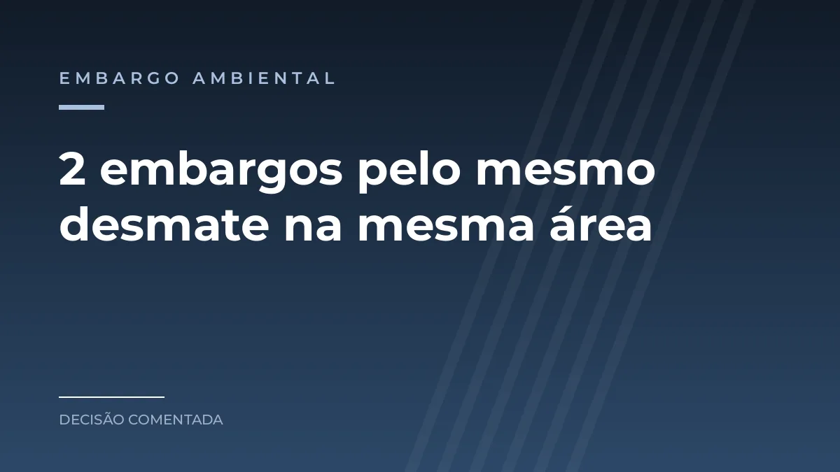 Arte azul com a categoria embargo ambiental e o texto 2 embargos pelo mesmo desmate na mesma área